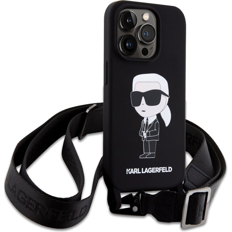 Ochranný kryt na iPhone 15 Pro - Karl Lagerfeld, Liquid Silicone Crossbody Ikonik Black