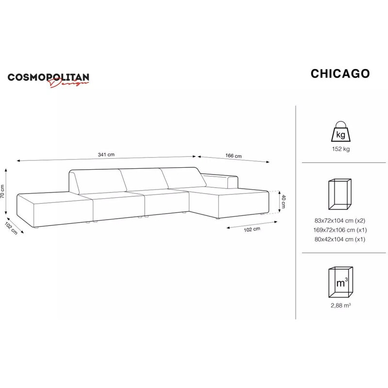 Zelená sametová rohová pohovka Cosmopolitan Design Chicago 341 cm, pravá