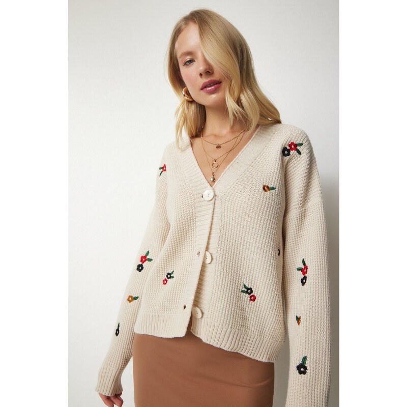 Happiness İstanbul Women's Cream Floral Embroidery Buttons Knitwear Cardigan