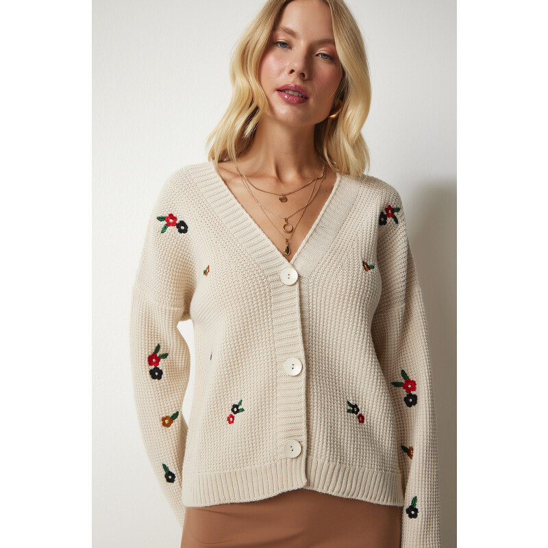 Happiness İstanbul Women's Cream Floral Embroidery Buttons Knitwear Cardigan