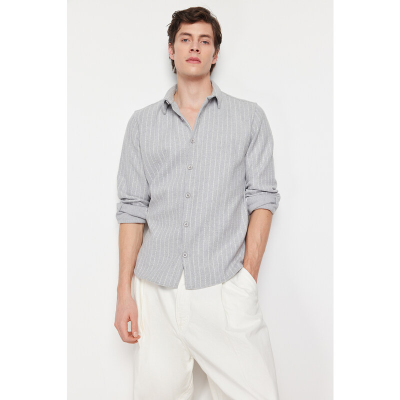 Trendyol Gray Regular Fit Striped Thick Winter Shirt