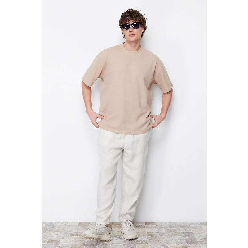 Trendyol Camel Oversize/Wide-Fit Crew Neck Short Sleeve Basic Textured T-shirt