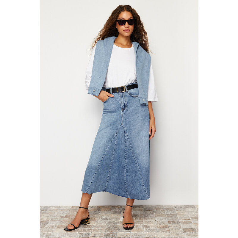 Trendyol Blue Flounce Stitch Detail High Waist Maxi Denim Skirt