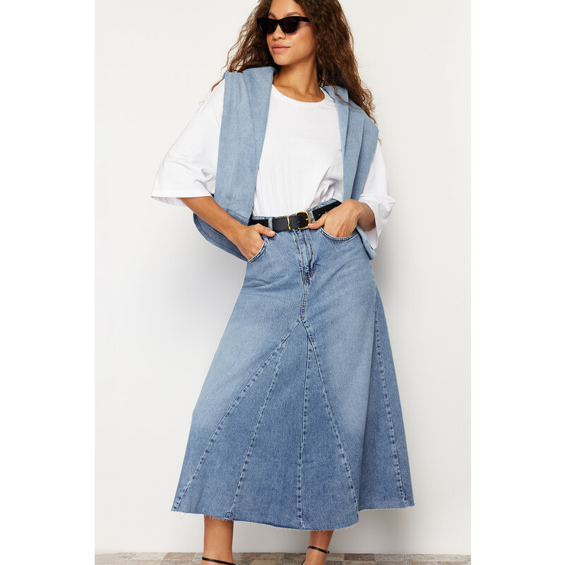 Trendyol Blue Flounce Stitch Detail High Waist Maxi Denim Skirt