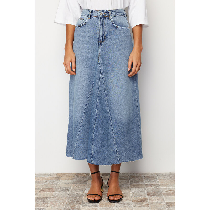 Trendyol Blue Flounce Stitch Detail High Waist Maxi Denim Skirt