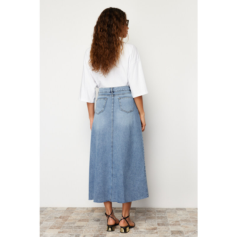 Trendyol Blue Flounce Stitch Detail High Waist Maxi Denim Skirt