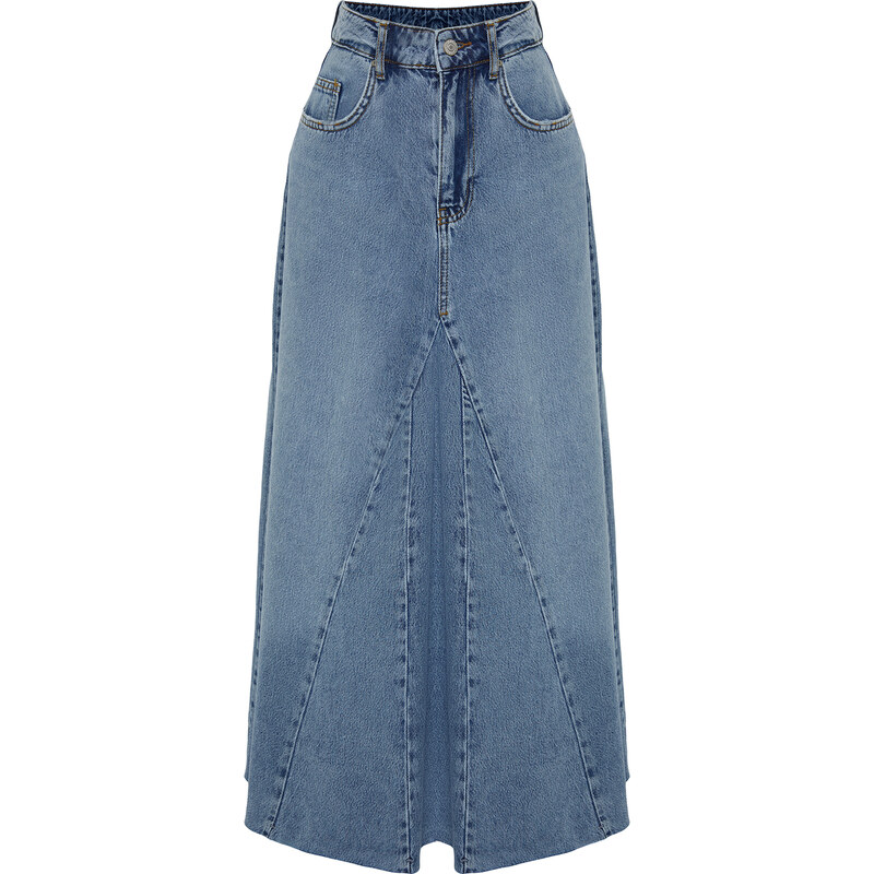 Trendyol Blue Flounce Stitch Detail High Waist Maxi Denim Skirt