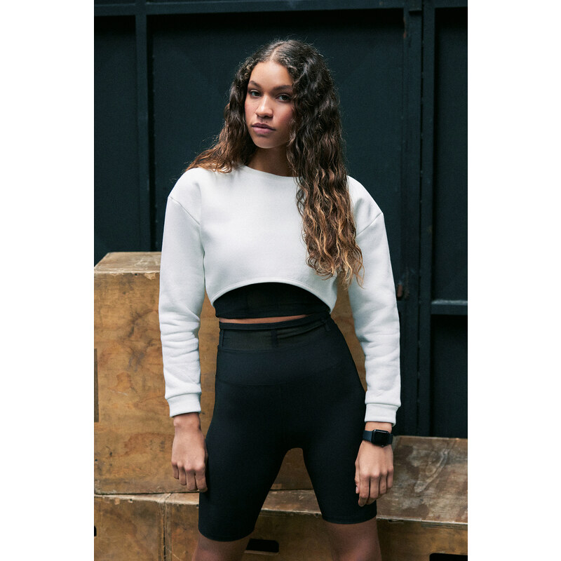 Trendyol Ecru Super Crop Fleece Knitted Sports Sweatshirt