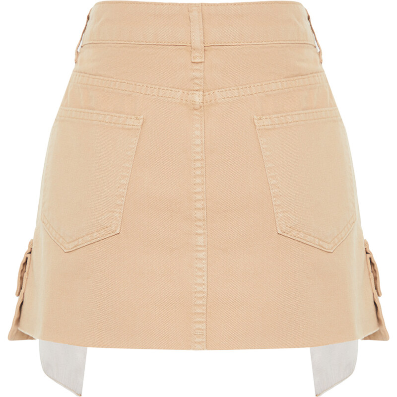 Trendyol Beige Cargo Pocket Low Waist Mini Denim Skirt