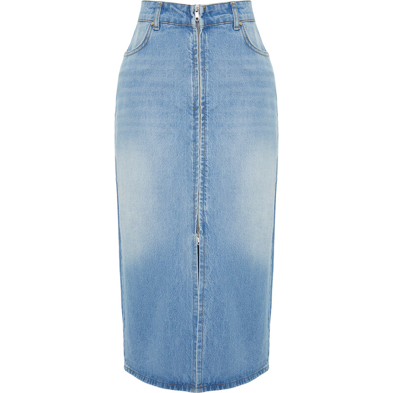 Trendyol Blue Front Zipper High Waist Midi Denim Skirt