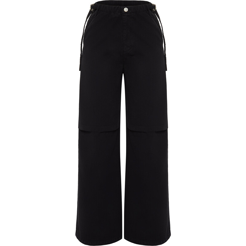 Trendyol Black Waist Detailed Normal Waist Wide Leg Jeans