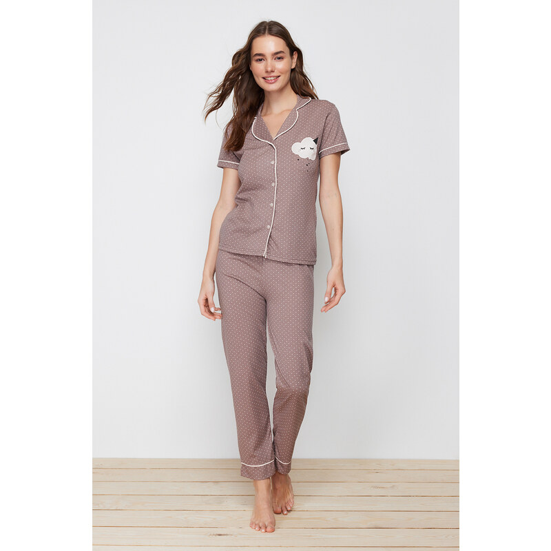 Trendyol Mink Printed Shirt-Pants and Knitted Pajamas Set