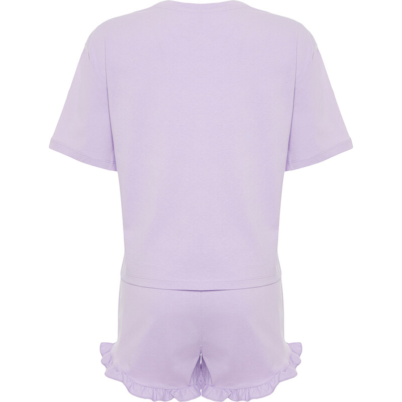 Trendyol Lilac 100% Cotton Animal Print Ruffle Detail Knitted Pajamas Set