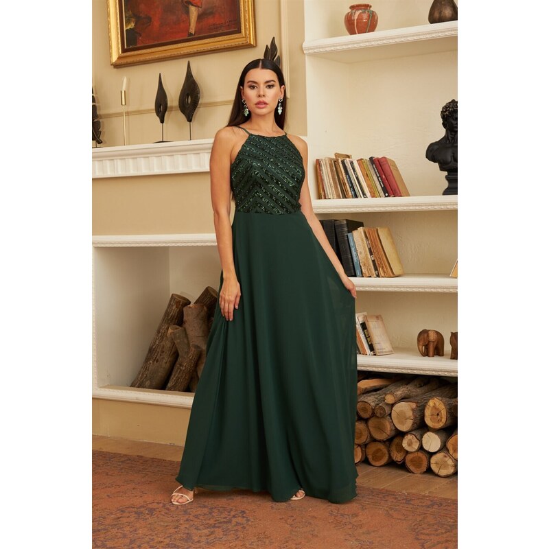 Carmen Emerald Sequined Long Evening Dress