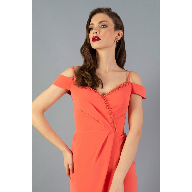 Carmen Salmon Crepe Strappy Double Breasted Short Evening Dress