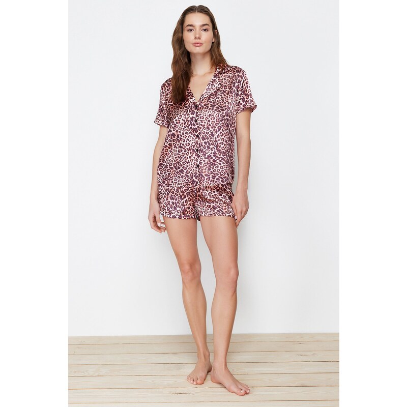 Trendyol Multicolored Leopard Patterned Satin Shirt-Shorts Woven Pajama Set