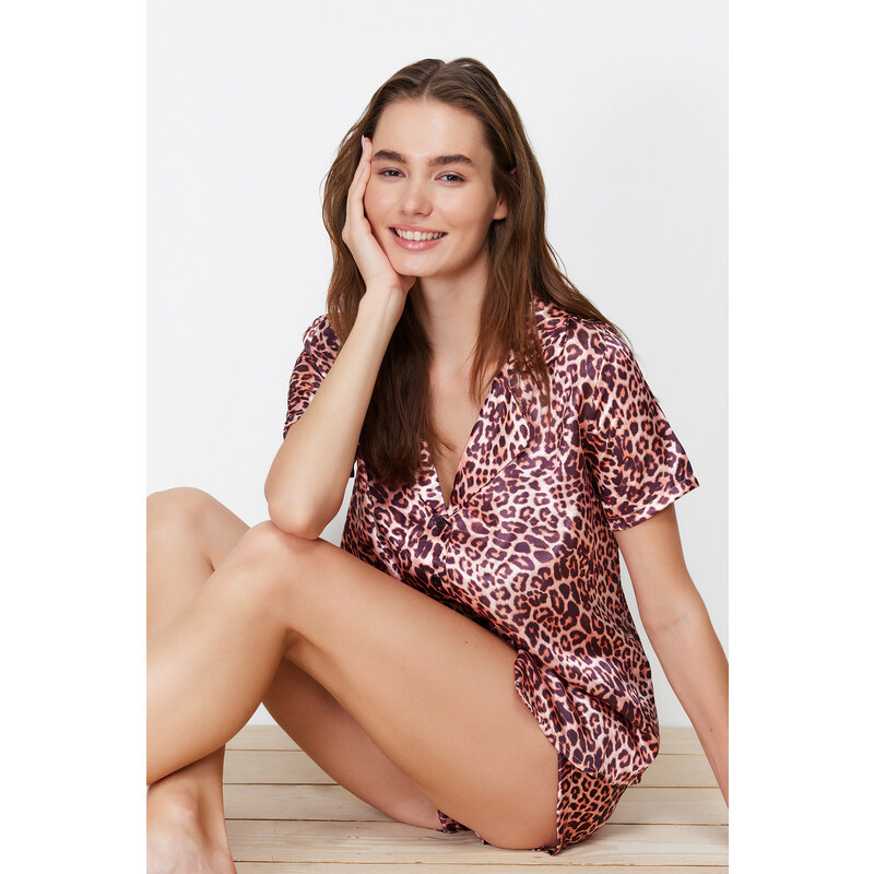 Trendyol Multicolored Leopard Patterned Satin Shirt-Shorts Woven Pajama Set