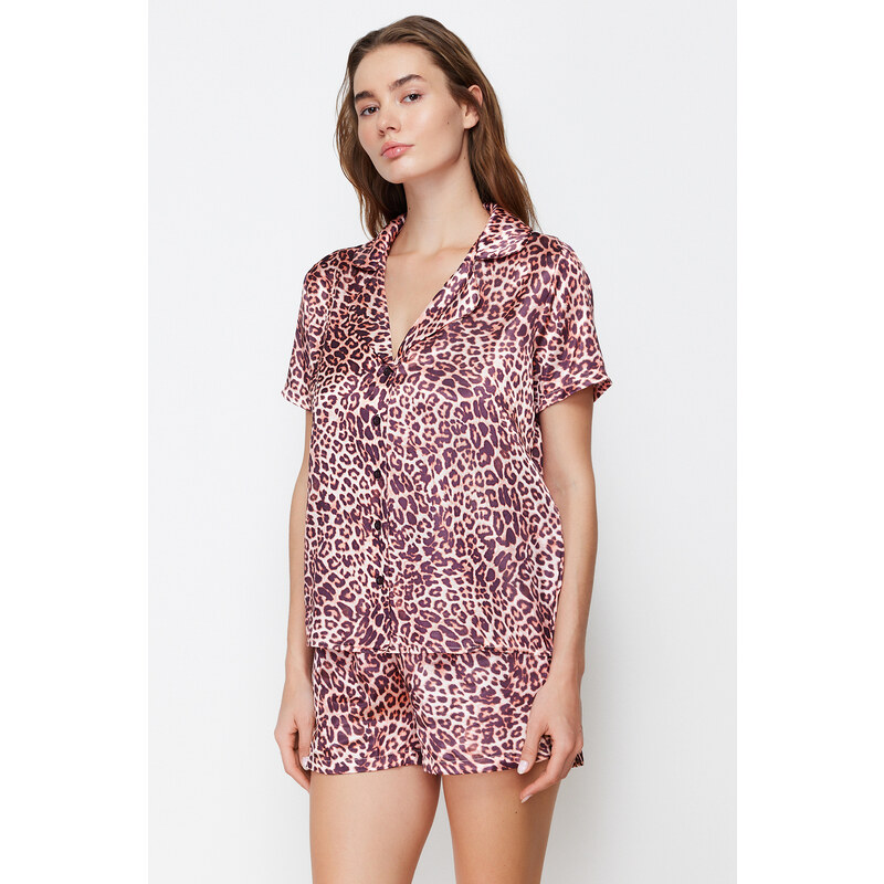 Trendyol Multicolored Leopard Patterned Satin Shirt-Shorts Woven Pajama Set