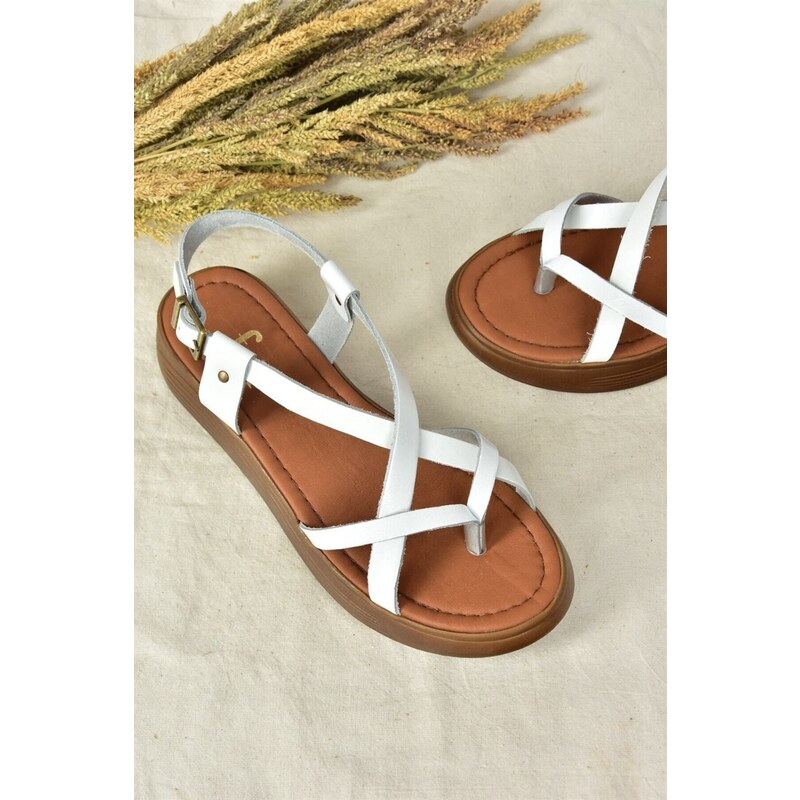 Fox Shoes White Genuine Leather Women's Flip-Flops Sandals