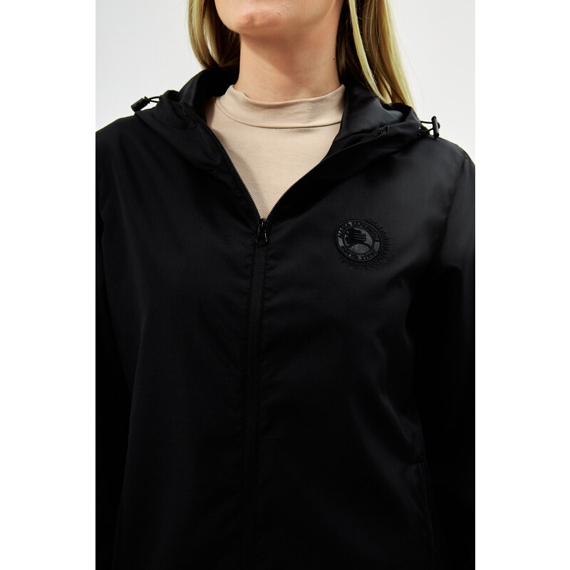 River Club Dámská černá podšívka voděodolná pláštěnka s kapucí s kapsami - Windbreaker Jacket