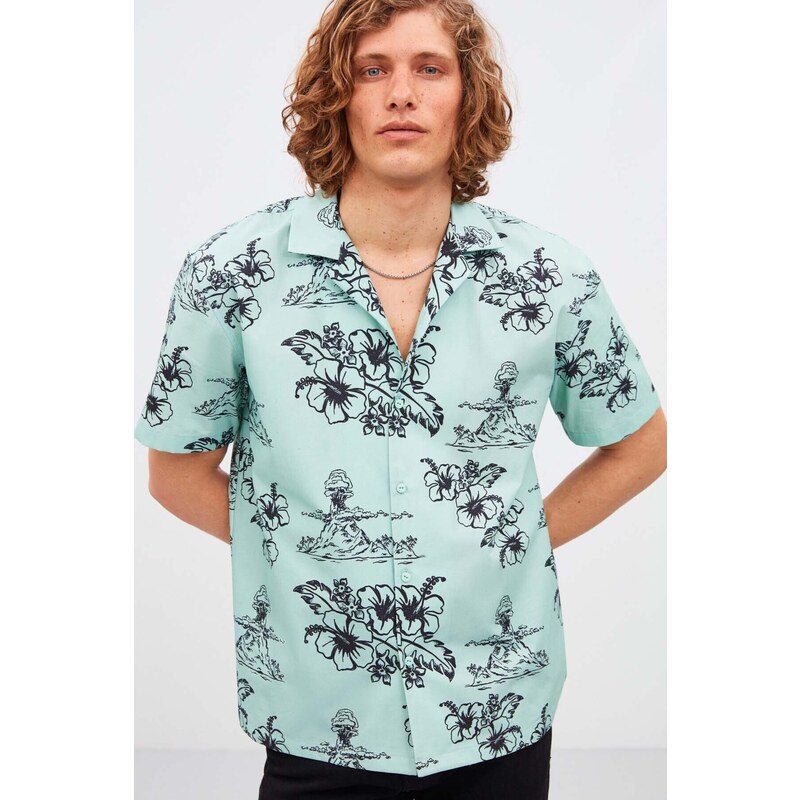 GRIMELANGE Almeira Men's 100% Cotton Poplin Fabric Patterned Summer Mint Green Shirt