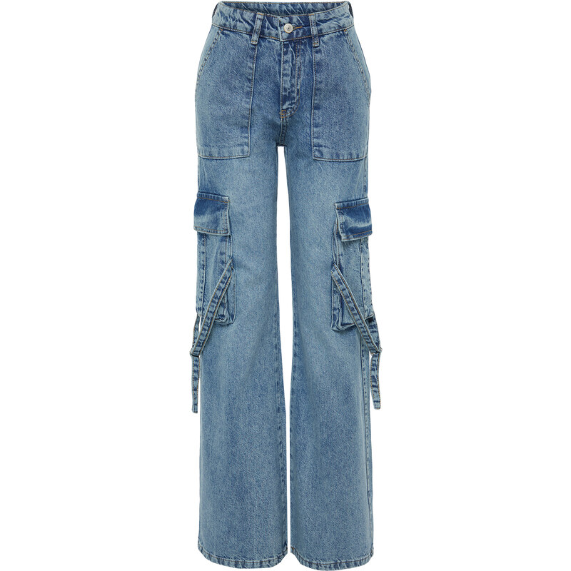Trendyol Blue Cargo Pocket High Waist Wide Leg Jeans