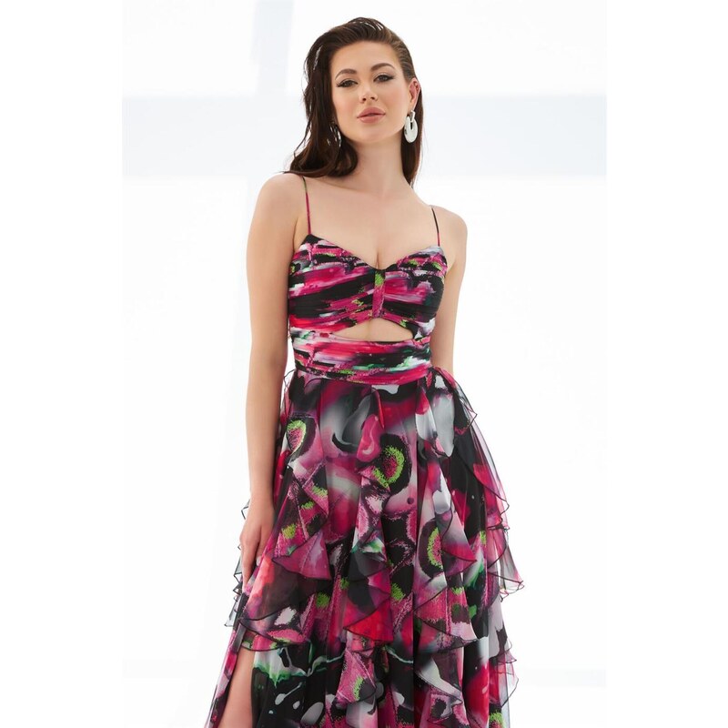 Carmen Fuchsia Printed Decollete Decollete Long Slit Evening Dress