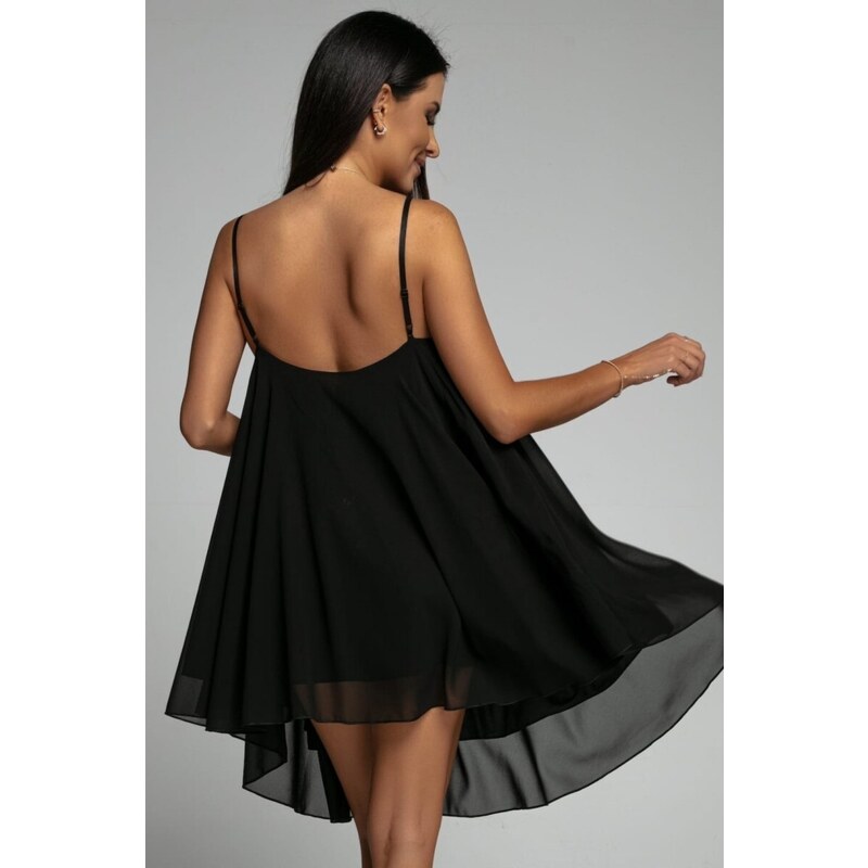 FASARDI Lehké asymetrické černé šifonové šaty s ramínky