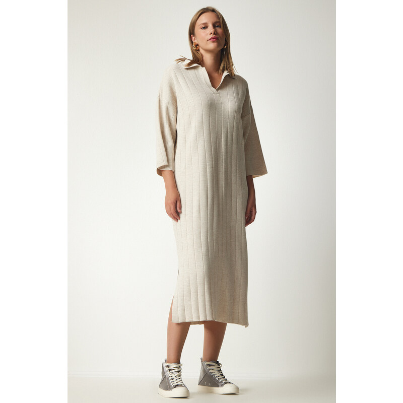 Happiness İstanbul Women's Cream Polo Neck Oversize Knitwear Dress