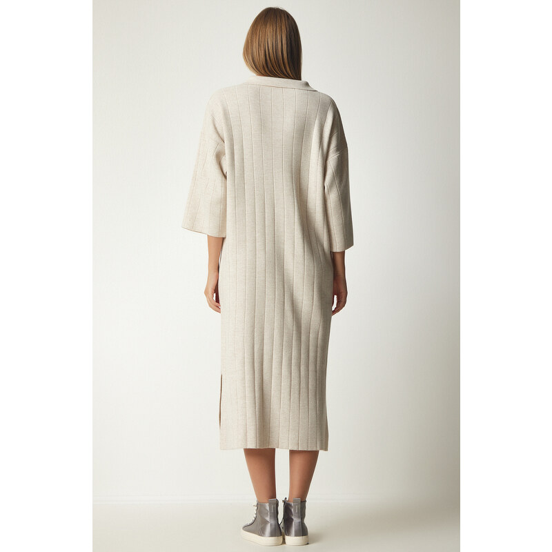 Happiness İstanbul Women's Cream Polo Neck Oversize Knitwear Dress