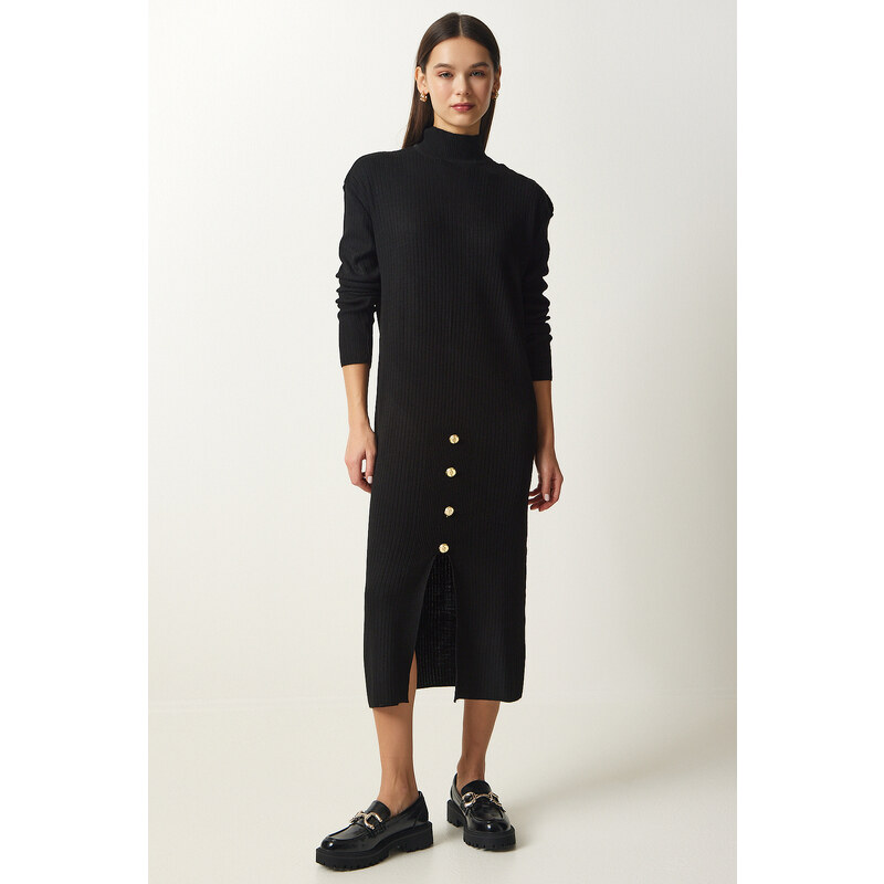 Happiness İstanbul Women's Black Button Detailed Corduroy Knitwear Dress