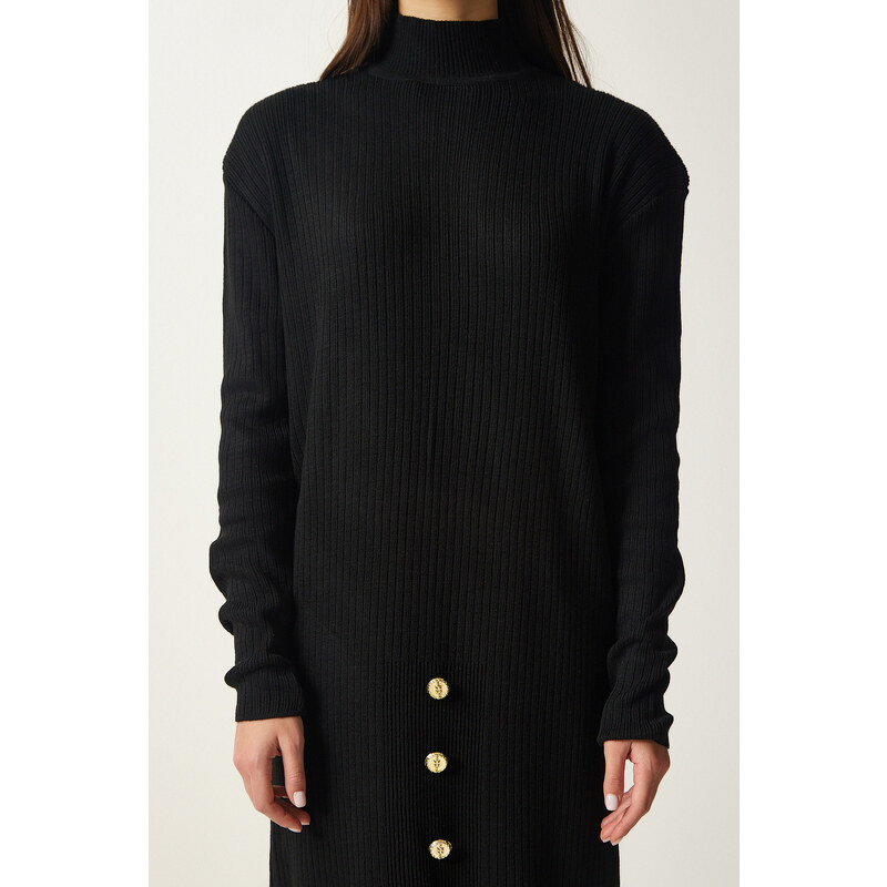 Happiness İstanbul Women's Black Button Detailed Corduroy Knitwear Dress