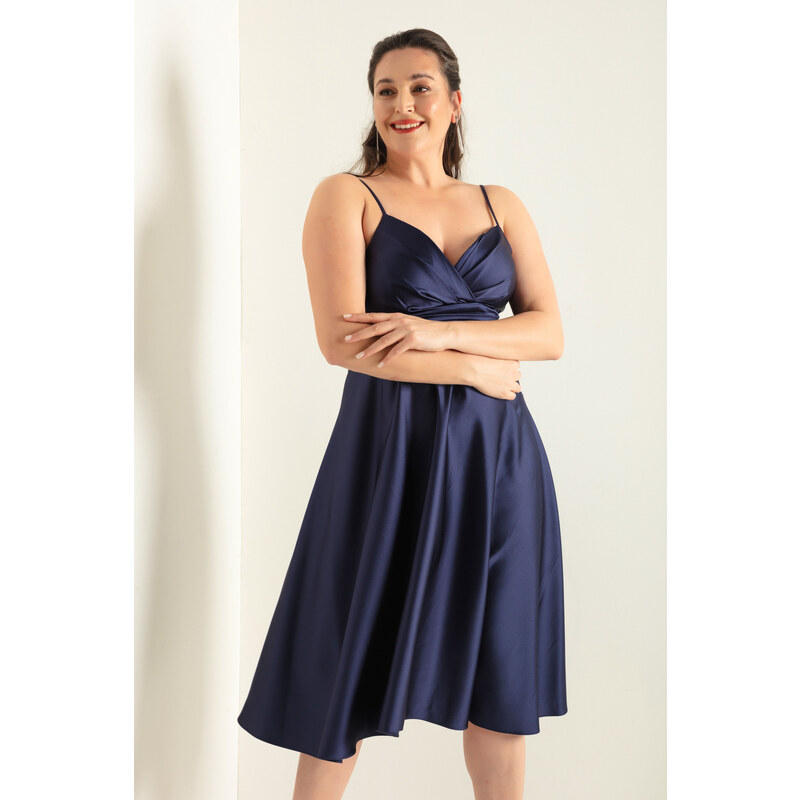 Lafaba Women's Navy Blue Rope Strap Waist Belted Satin Midi Plus Size Evening Dress