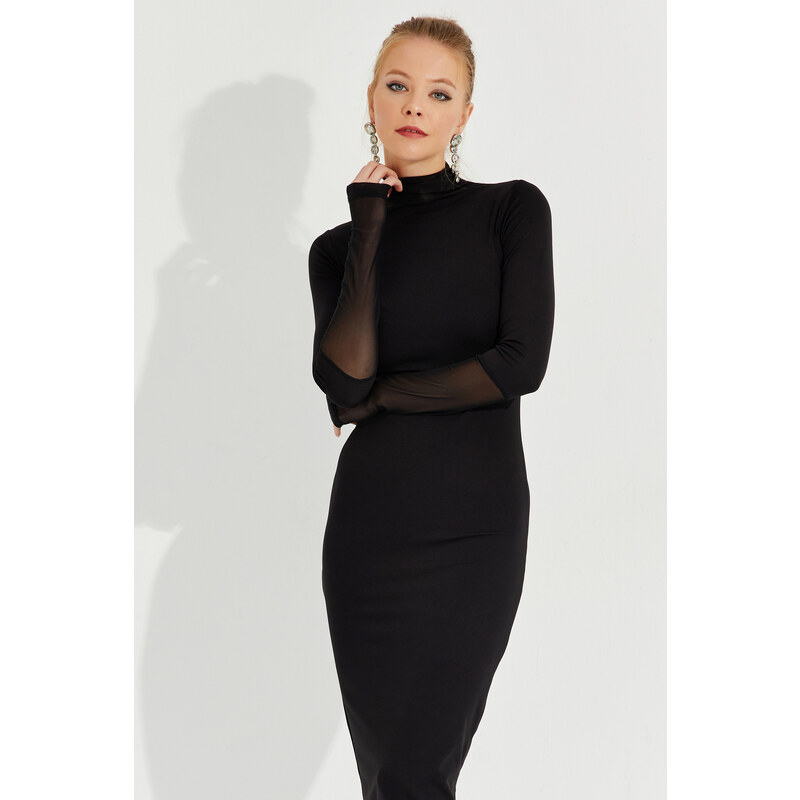 Cool & sexy dámské černé tyl detailní midi šaty s rukavicemi
