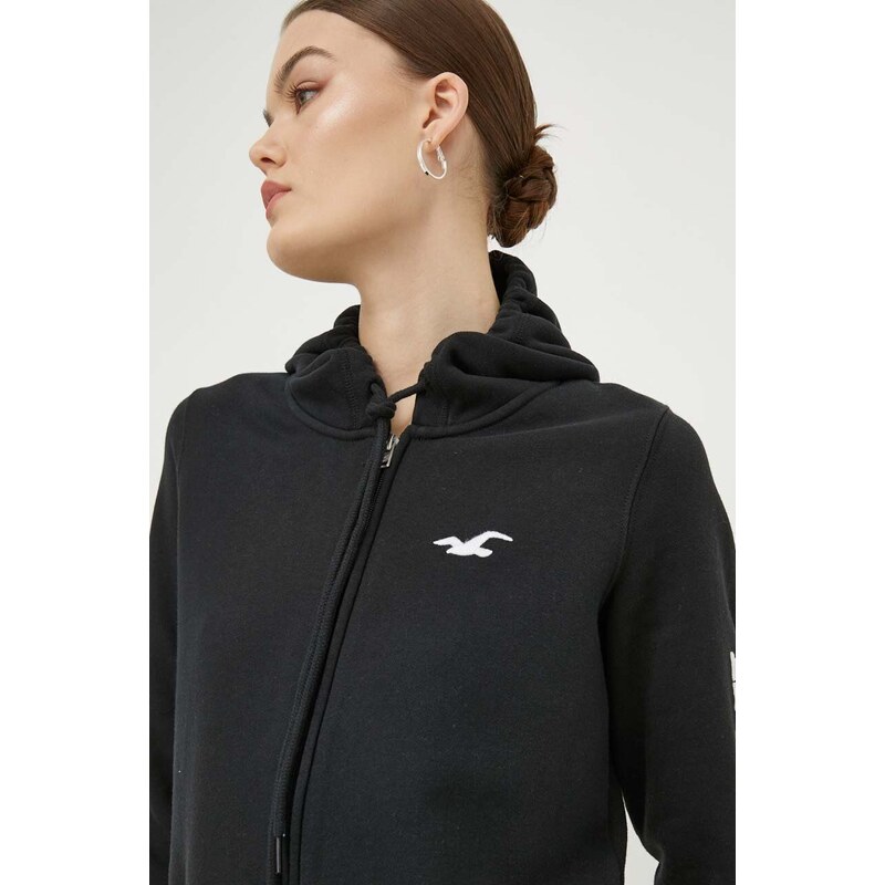 Mikina Hollister Co. dámská, černá barva, s kapucí, s aplikací