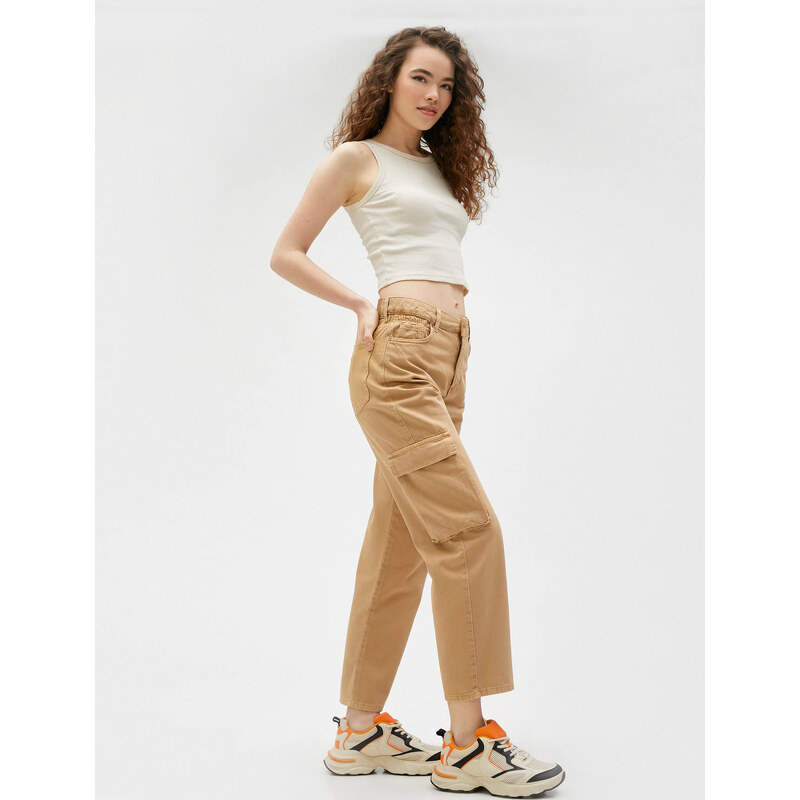 Koton Dámské oblečení Cargo kalhoty s vysokým pasem Rovné nohavice - Eve Jean