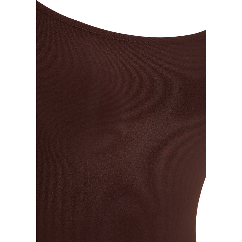 Trendyol hnědé vypasované ramínkové maxi elastické pletené šaty