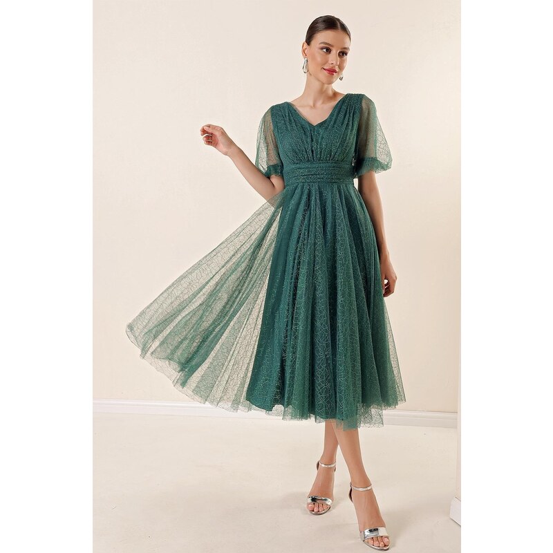 By Saygı Front Back V-Neck Short Balloon Sleeve Lined Spider Pattern Silvery Tulle Midi Dress Emerald