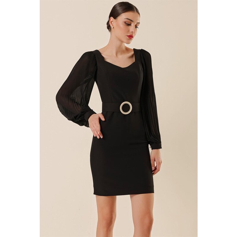 By Saygı Pleated Chiffon Pencil Dress With Sleeves and Lined Waist Belt Black