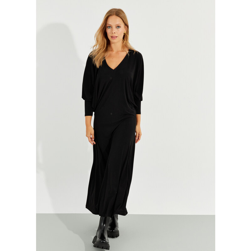 Cool & Sexy dámské černé midi šaty s netopýřím rukávem 115624507