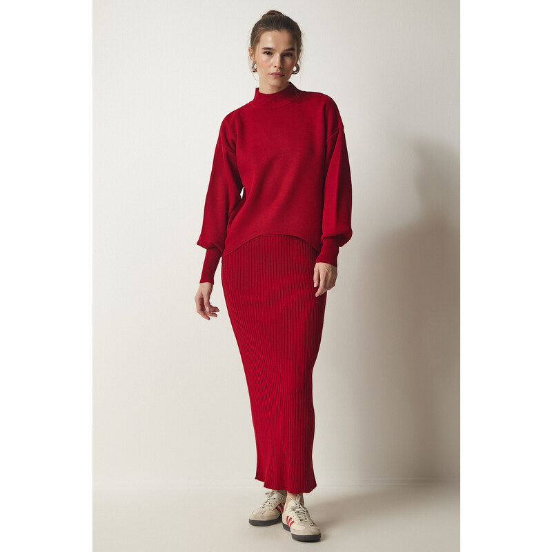 Happiness İstanbul Women's Red Ribbed Knitwear With Sweater Dress