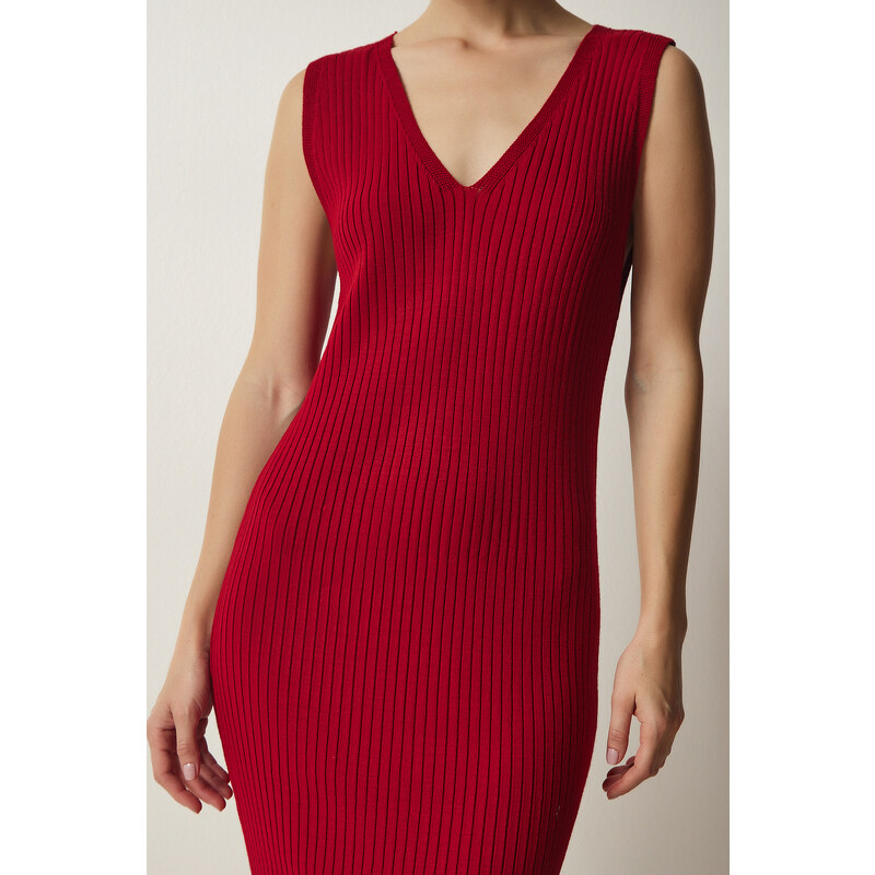 Happiness İstanbul Women's Red Ribbed Knitwear With Sweater Dress