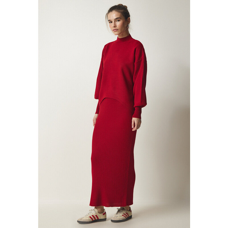 Happiness İstanbul Women's Red Ribbed Knitwear With Sweater Dress