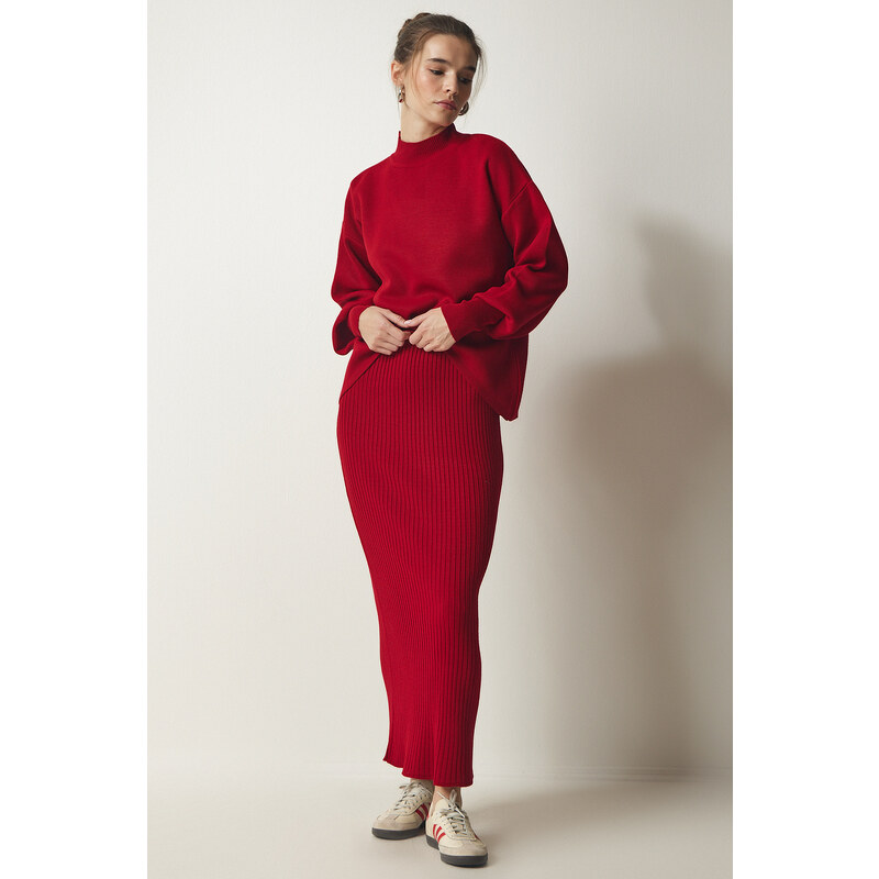 Happiness İstanbul Women's Red Ribbed Knitwear With Sweater Dress