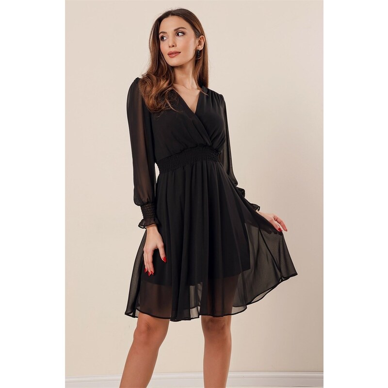 By Saygı Double Breasted Collar Waist And Sleeve Ends Guiped Lined Short Chiffon Dress