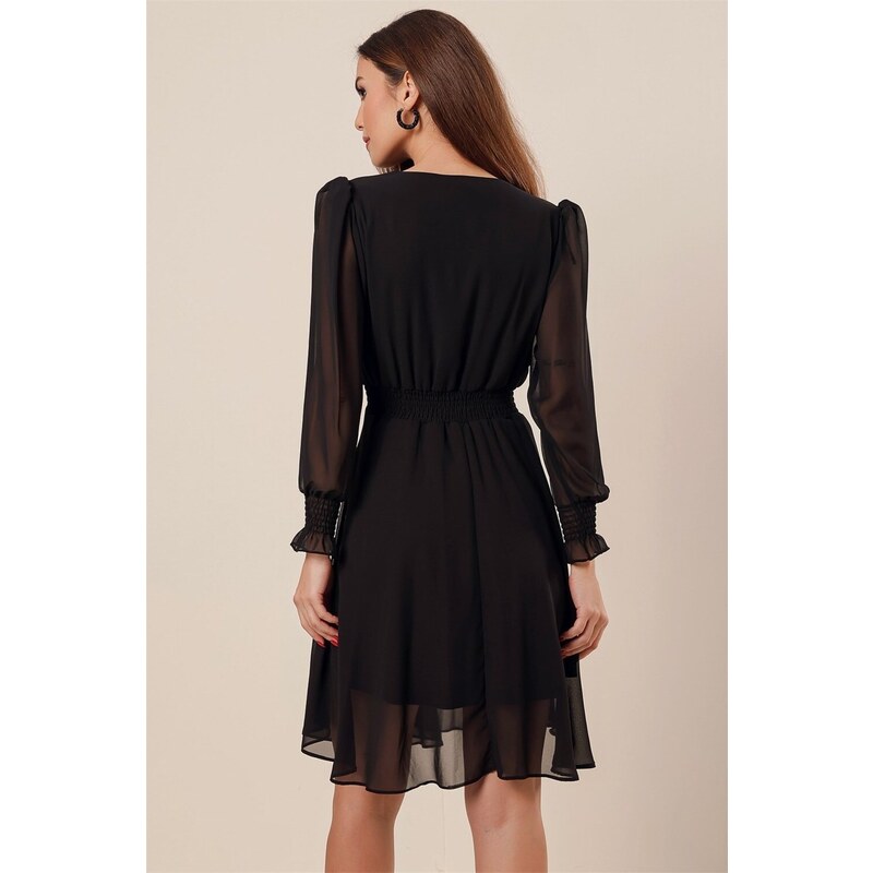 By Saygı Double Breasted Collar Waist And Sleeve Ends Guiped Lined Short Chiffon Dress