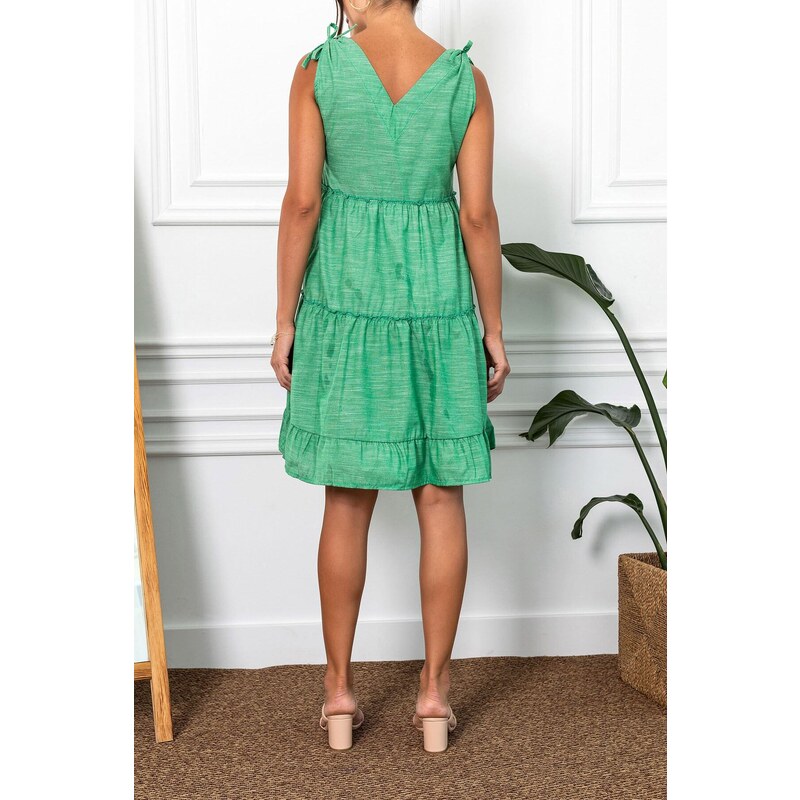 armonika Women's Green V-Neck Ruffled Sleeveless Plunging Shoulder Dress