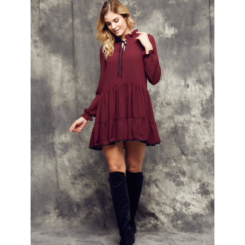 Cocomore Boutiqe dress with stand-up collar and ruffles burgundy