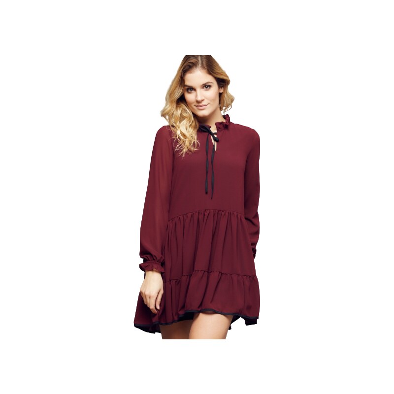 Cocomore Boutiqe dress with stand-up collar and ruffles burgundy