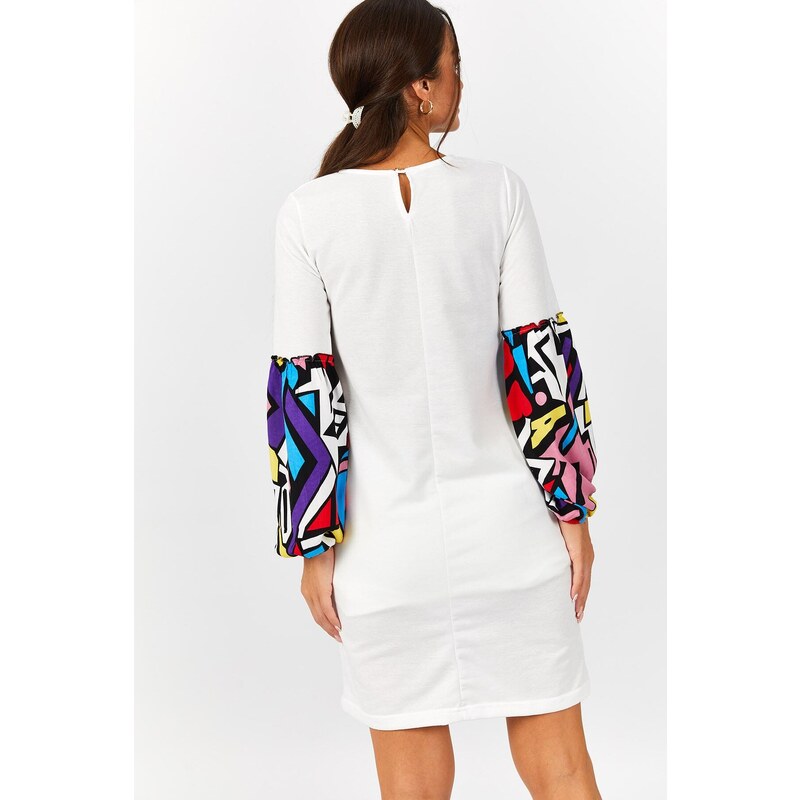 armonika Women's White Geometric Patterned Balloon Sleeve Dress